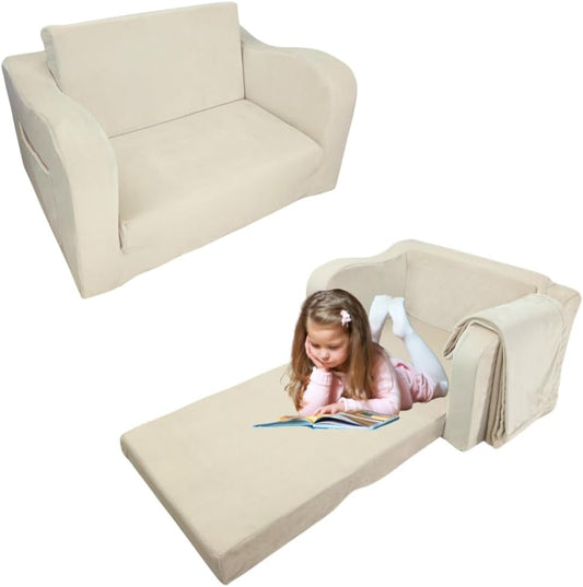 Wonder Space Kids Foam Couch with Blanket, Pre-Assembled Toddlers 2-In-1 Convertible Sofa, Indoor Foadable Lounger Chair & Flip Open Floor Bed for Boys & Girls (Ivory)