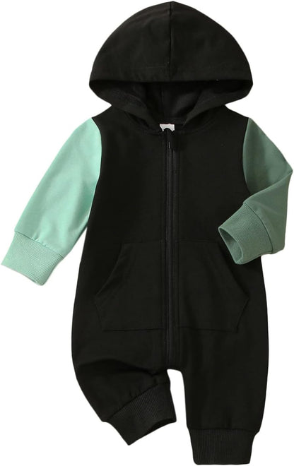 Bemeyourbbs Newborn Baby Boy Clothes Color Block Long Sleeve Hooded Romper with Pocket Fall Winter One Piece Outfits