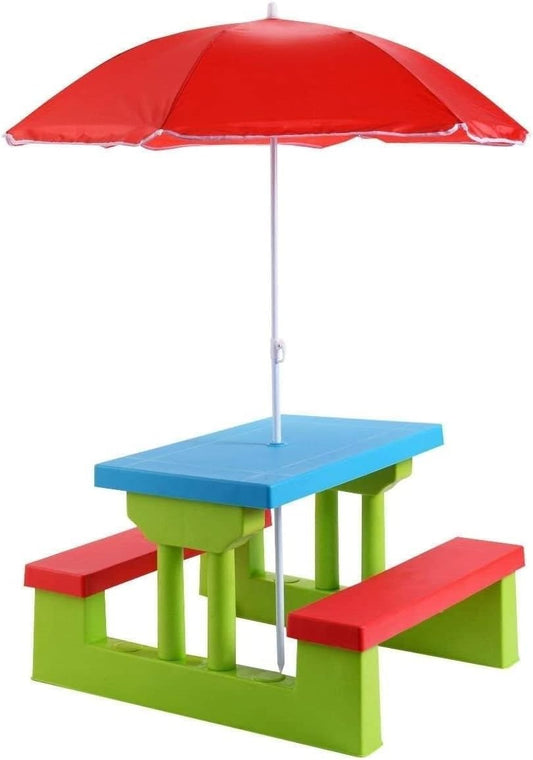 Costzon Kids Picnic Table, Indoor & Outdoor Plastic Table and Bench with Removable Umbrella, Portable Toddler Picnic Table and Chair Set for Garden, Backyard, Patio