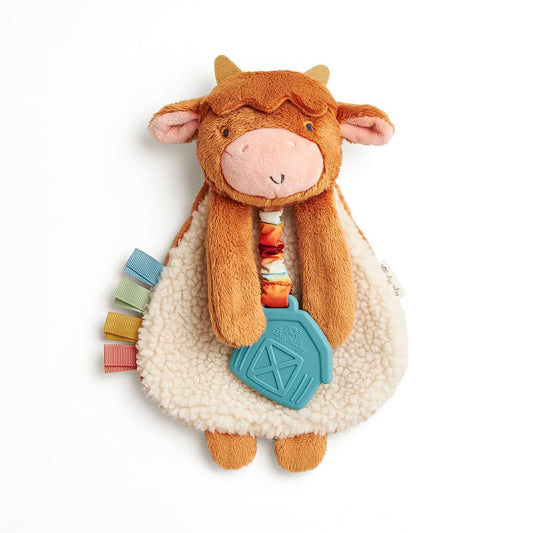 Itzy Ritzy - Itzy Lovey Including Teether - Baby Lovey with Teether, Textured Ribbons & Dangle Arms - Features Crinkle Sound, Sherpa Fabric and Minky Plush (Highland Cow)