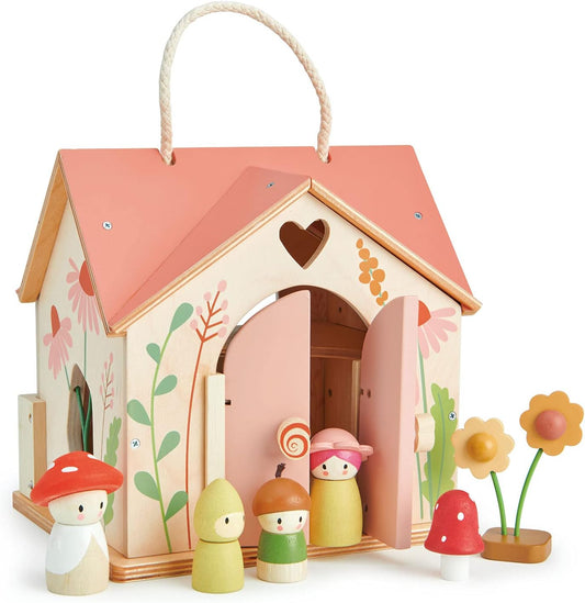 Tender Leaf Toys - Rosewood Cottage - Portable Furnished Wooden 2-Story Dollhouse Set with Handle, 4 Pcs Miniature Toadstool Family with 10 Accessories - Pretend Play Gift for Kids - Age 3+