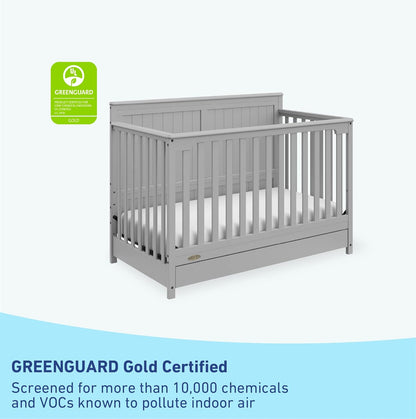 Graco Hadley 5-In-1 Convertible Crib with Drawer (Pebble Gray) – GREENGUARD Gold Certified, Crib with Drawer Combo, Full-Size Nursery Storage Drawer, Converts to Toddler Bed, Daybed