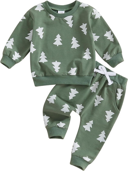 Toddler Baby Boy Girl Christmas Outfits Truck Tree Print Long Sleeve Sweatshirts Pants Fall Infant 2Pcs Clothes