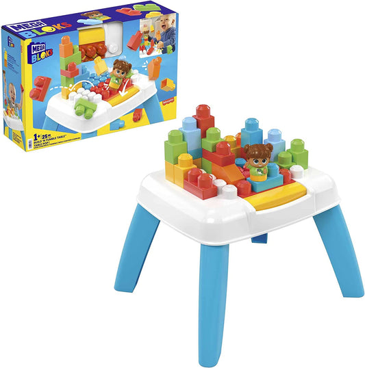 Mega BLOKS Fisher-Price Toddler Blocks Toy Set, Build ‘N Tumble Activity Table with 25 Pieces and Storage, 1 Figure, Blue, Ages 1+ Years