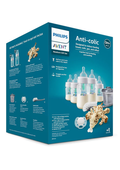 Philips AVENT Anti-Colic Baby Bottle with Airfree Vent Newborn Gift Set with Snuggle, Clear, SCD306/10