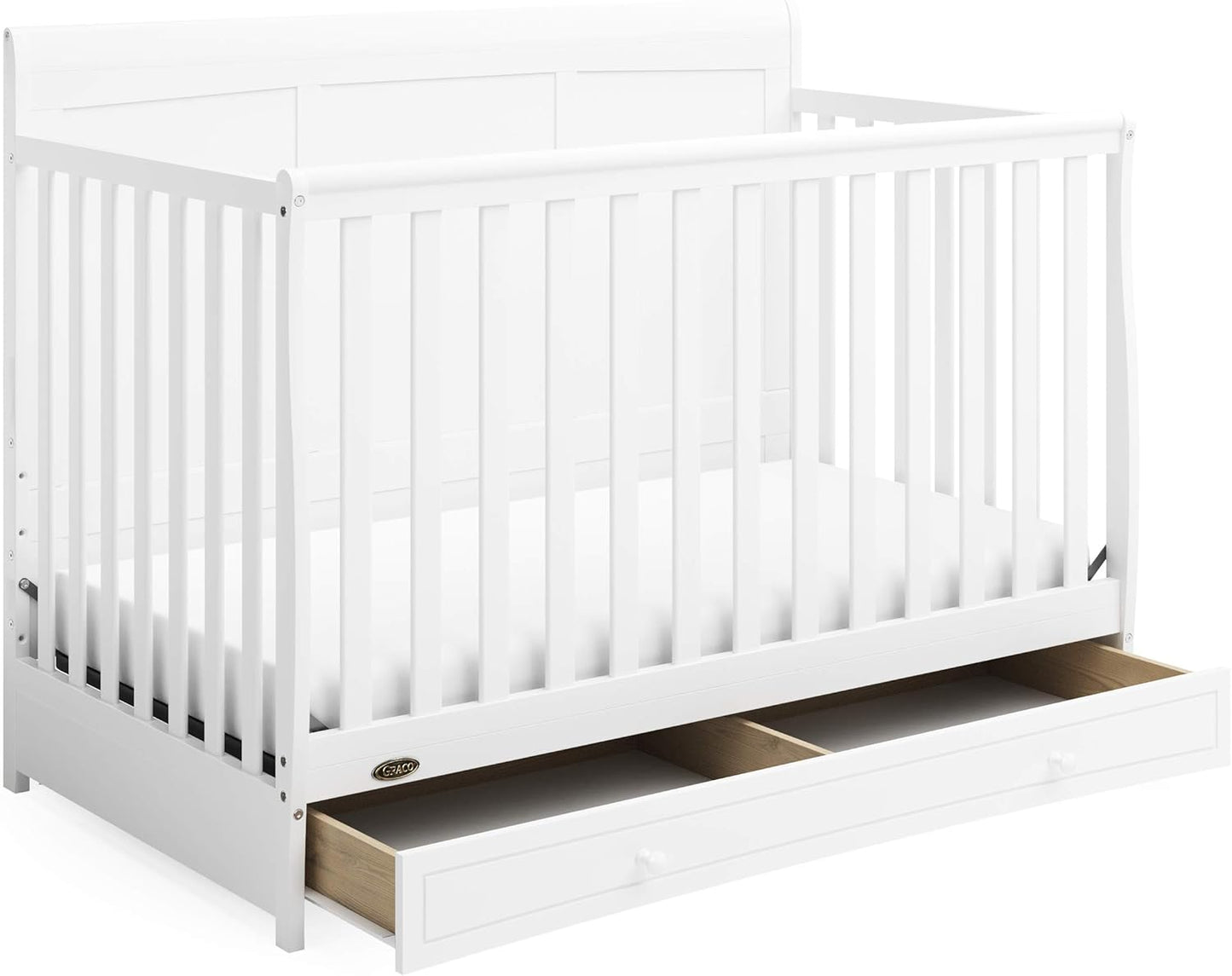 Graco Asheville 5-In-1 Convertible Crib with Drawer (White) – GREENGUARD Gold Certified, Crib with Drawer Combo, Full-Size Nursery Storage Drawer, Converts to Toddler Bed, Daybed and Full-Size Bed