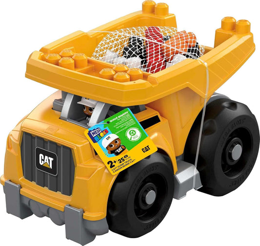 Mega BLOKS Cat Toddler Blocks Building Toy Set, Large Dump Truck with 25 Pieces and Storage, Yellow, Ages 1+ Years