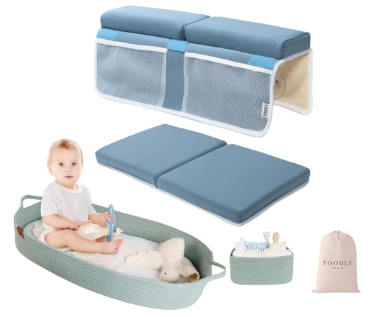 Comfortable Bath Kneeler and Elbow Rest Pad (Blue) + Baby Changing Basket (Green)