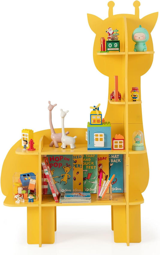 Costzon Giraffe Kids Bookshelf, 4-Tier Toddler Montessori Shelf Book Rack, Toy and Book Storage for Kids, Wooden Children’S Bookcase, Toy Storage Organizer for Kids Room, Playroom, Nursery