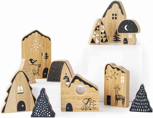 Wee Gallery Woodland Village - Whimsical House and Tree Shaped Bamboo Wooden Blocks, Toddler, Preschool Age Kids - Decorative Block Toy Early Development and Creative Play, and Seasonal Decor