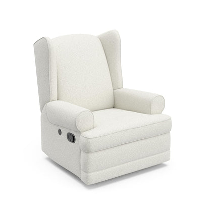 Storkcraft Serenity Upholstered Swivel Glider with USB Charging Port (Steel) – Fully Upholstered Wingback Nursery Glider Recliner with Manual Recline Function, 2 USB Charging Ports, 360 Swivel Base