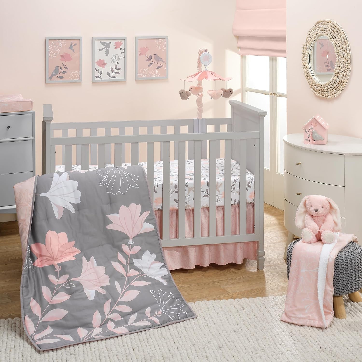 Lambs & Ivy Petals Gray/Pink Sateen Cotton Floral 3-Piece Baby Crib Bedding Set