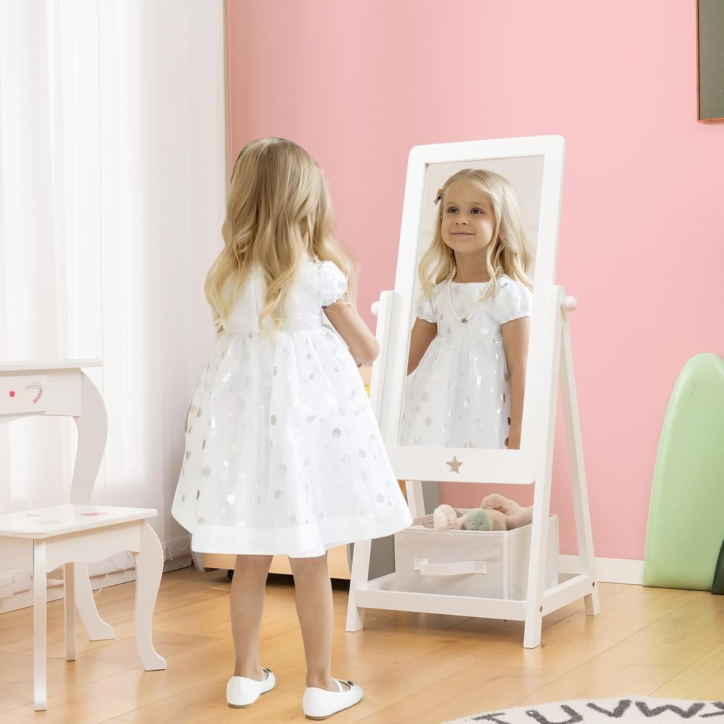 Costzon Kids Full Length Mirror, Princess Floor Free Standing Mirror W/Storage Shelf & Basket, 360 Degree Rotatable Rectangle Dressing Mirror for Little Girls Bedroom, Playroom, 3+ Years Old (White)