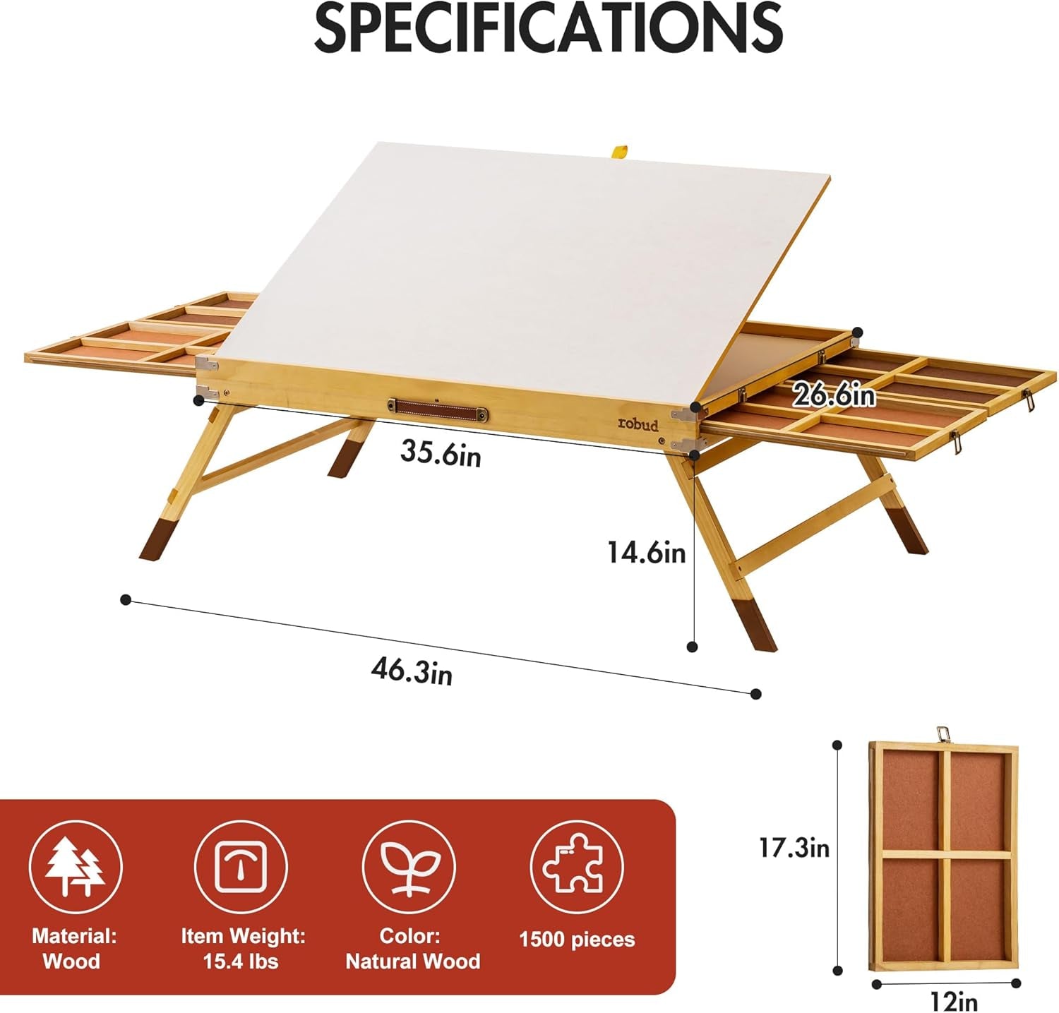 ROBUD 1500-Piece Jigsaw Puzzle Board, Wooden Puzzle Table with Cover, 3-Tilting-Angle Adjustable and 4 Partitioned Drawers, 35.6” X 26.6” Jigsaw Puzzle Board Portable and Felted Anti-Skid Surface