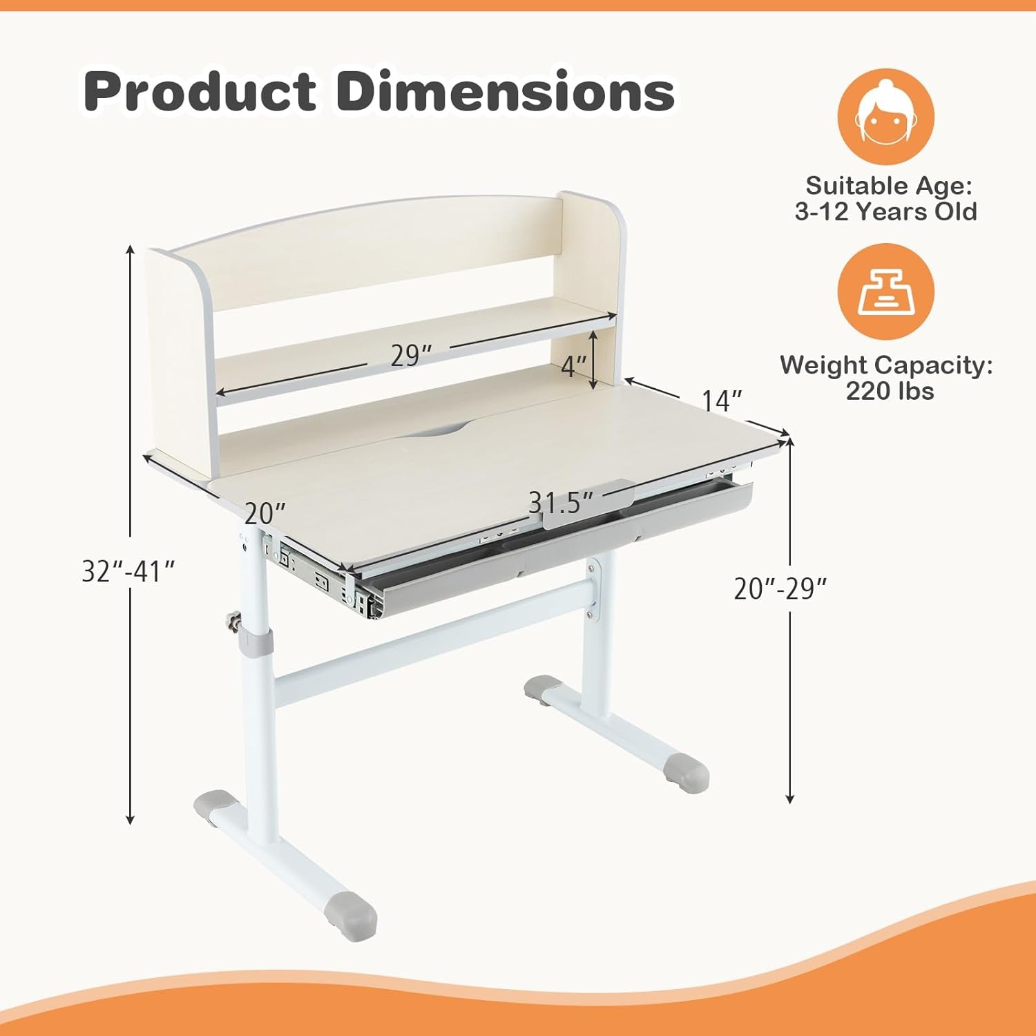 Costzon Kids Desk, Height Adjustable Children Study Desk with Tilt Desktop, Storage Drawer, Hutch, Scale Ruler, Student Writing Table School Desk for Boys Girls Bedroom, Desk for Kids (Grey)