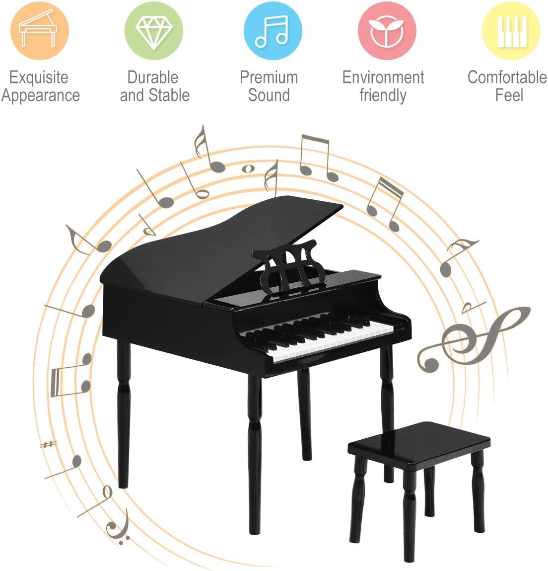 Costzon Classical Kids Piano, 30 Keys Wood Toy Grand Piano with Music Stand and Bench, Mini Musical Toy for Child, Ideal for Children'S Room, Toy Room, Best Gifts (4 Straight Leg, Colorful)