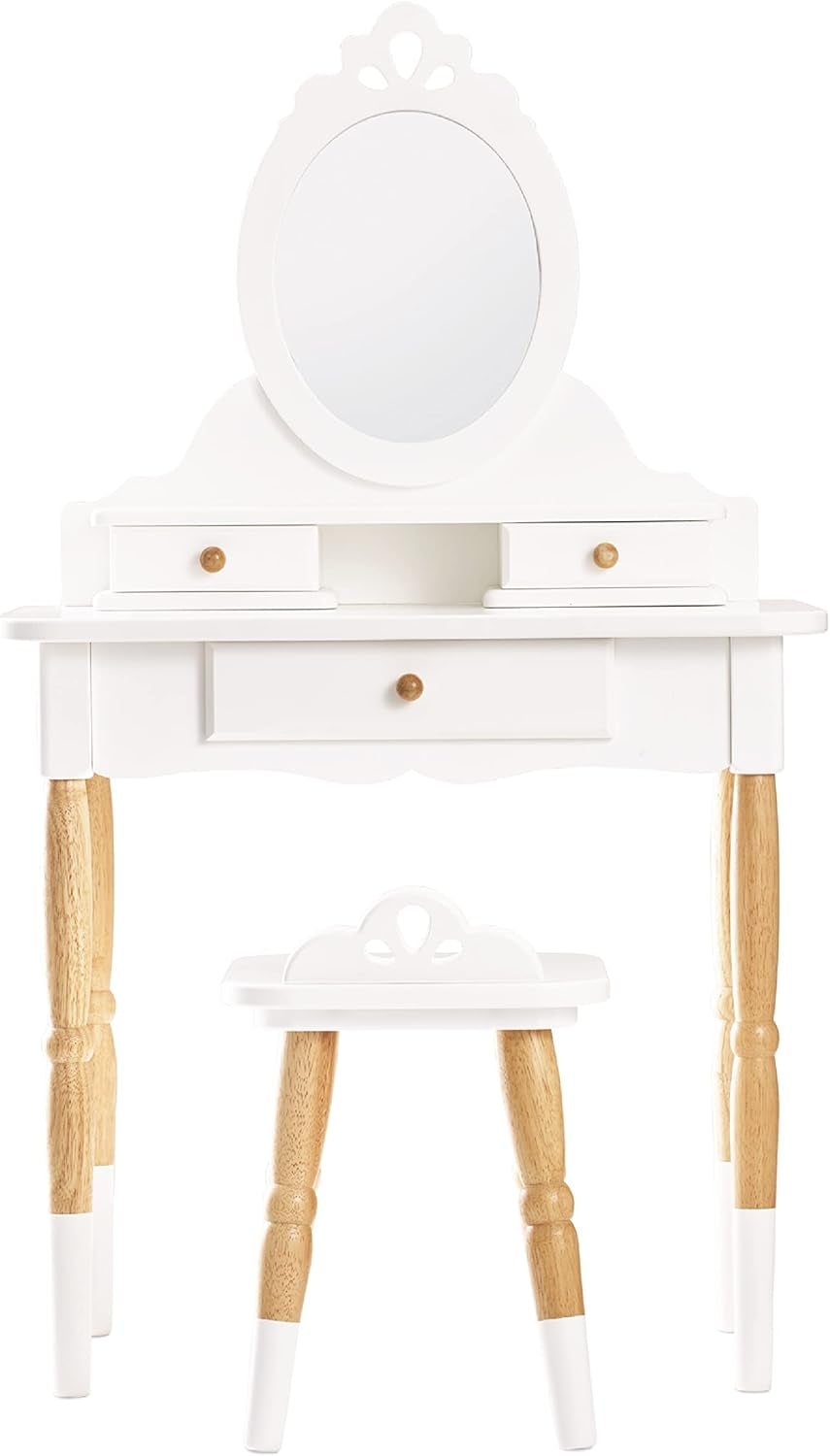 Le Toy Van - Wooden Vanity Table with Vanity Mirror and Vanity Chair - Bedroom Furniture - Victorian Style Oval Dressing Table Mirror - Desk with Drawers and Vanity Stool - Kids Aged 3 Years +