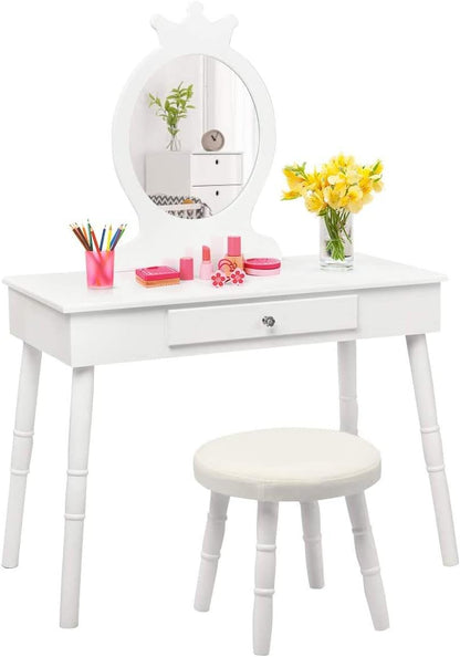 Costzon Kids Vanity Set, Wooden Princess Makeup Table with Cushioned Stool, Large Drawer, Solid Wooden Legs and Crown Mirror, Pretend Beauty Make up Dressing Play Set for Girls Best Gift (White)