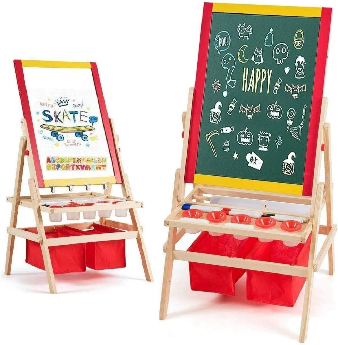 Costzon 3 in 1 Kids Art Easel with Paper Roll, Double Sided Adjustable Chalkboard & White Dry Erase with 4 Drawing Board Clips, Storage Bins, 26 English Alphabet Tiles for Toddlers (Red)