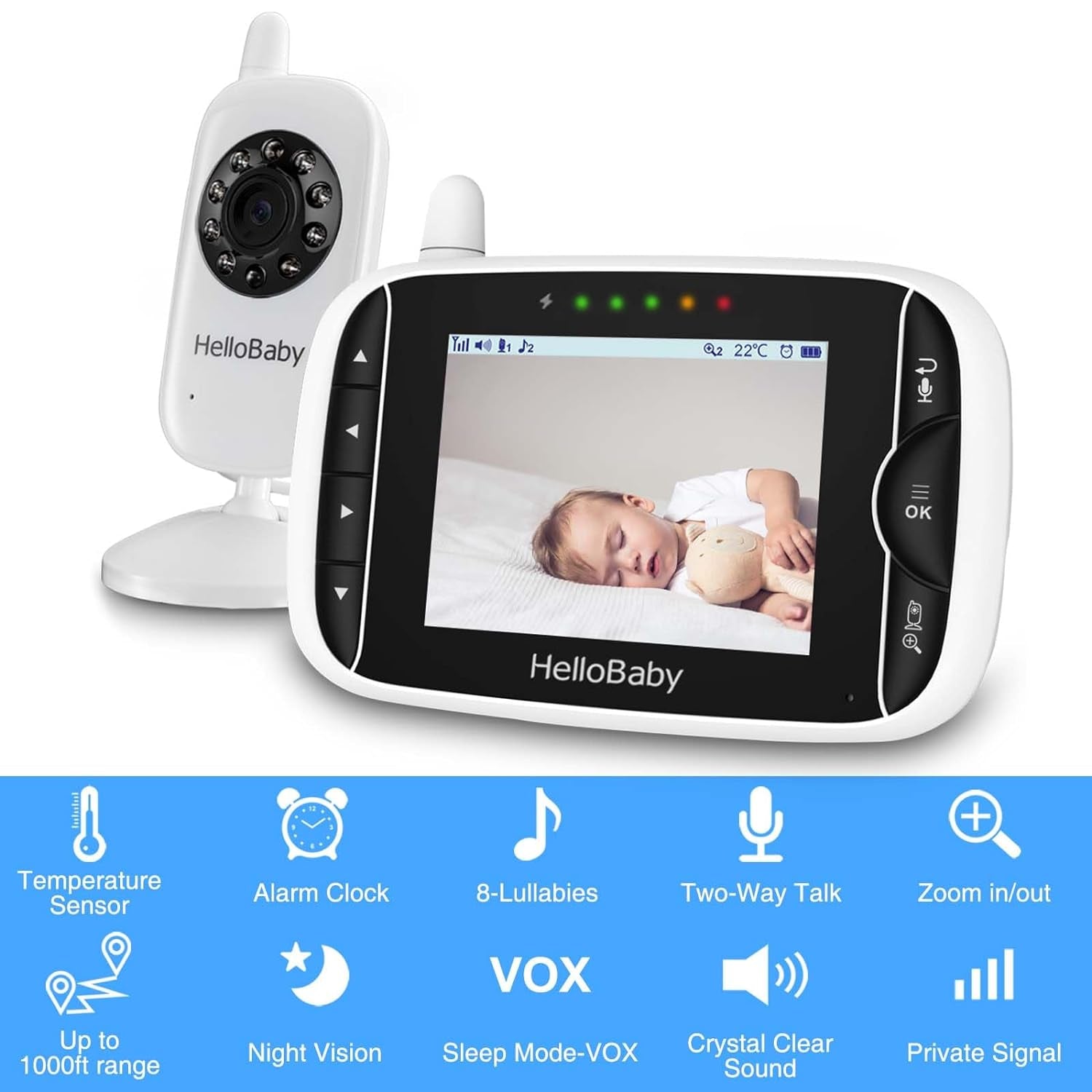 Hellobaby Baby Monitor with 2 Cameras - Monitor No Wifi Baby Monitor with Camera and Audio,Video Baby Monitor,Night Vision 2-Way Audio Fully Remote Pan & Tilt 2X Zoom Temperature,Eco Mode,8 Lullabies