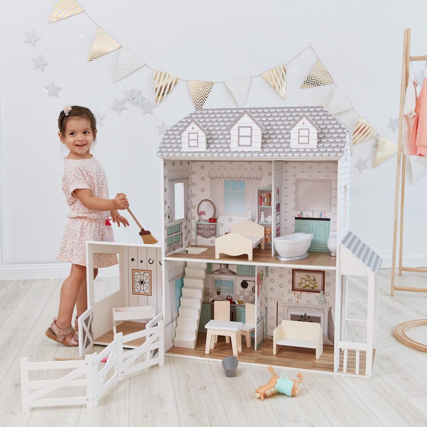 Teamson Kids - Dreamland Farm House Wooden Pretend Play Doll House Dollhouse for 12" Doll with 14 Pieces of Furniture - White / Gray