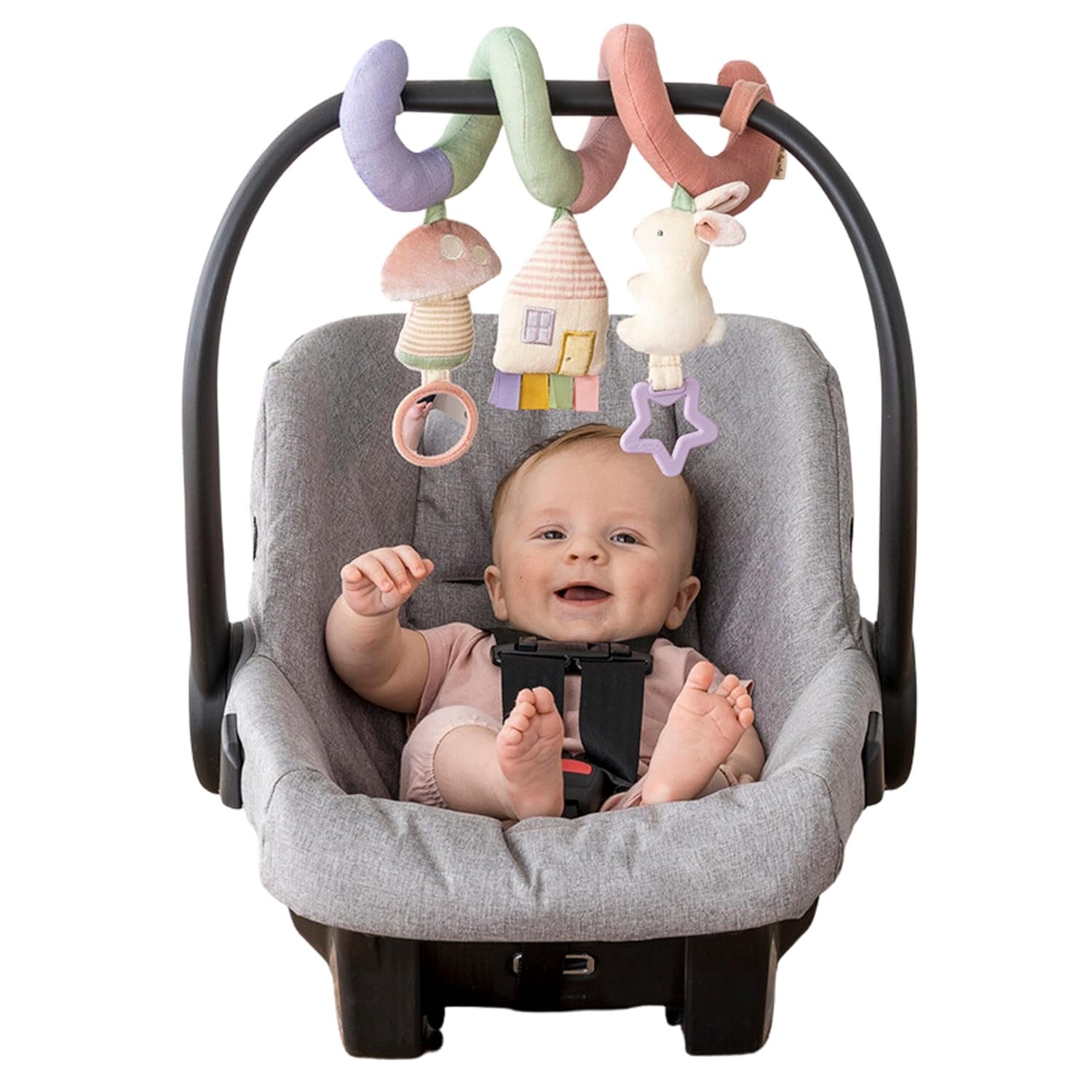 Itzy Ritzy Spiral Car Seat & Stroller Activity Toy - Stroller & Car Seat Toys for Ages 0 Months and up - Hanging Toys Include Dangling Ring, Mirror and Textured Ribbons (Pastel Rainbow)