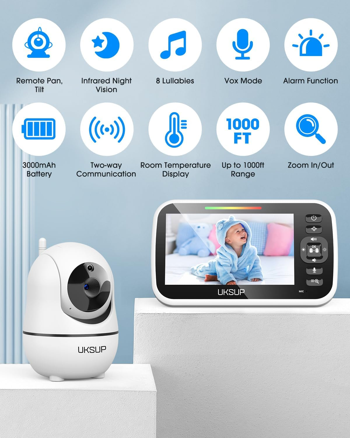 Baby Monitor with 4 Cameras and Audio - 5” Display Video Baby Monitor with 30 Hours Battery Life, Remote Pan & Tilt, 2X Zoom,Auto Night Vision, 2 Way Talk, Temperature Sensor,Lullabies,960 Feet Range