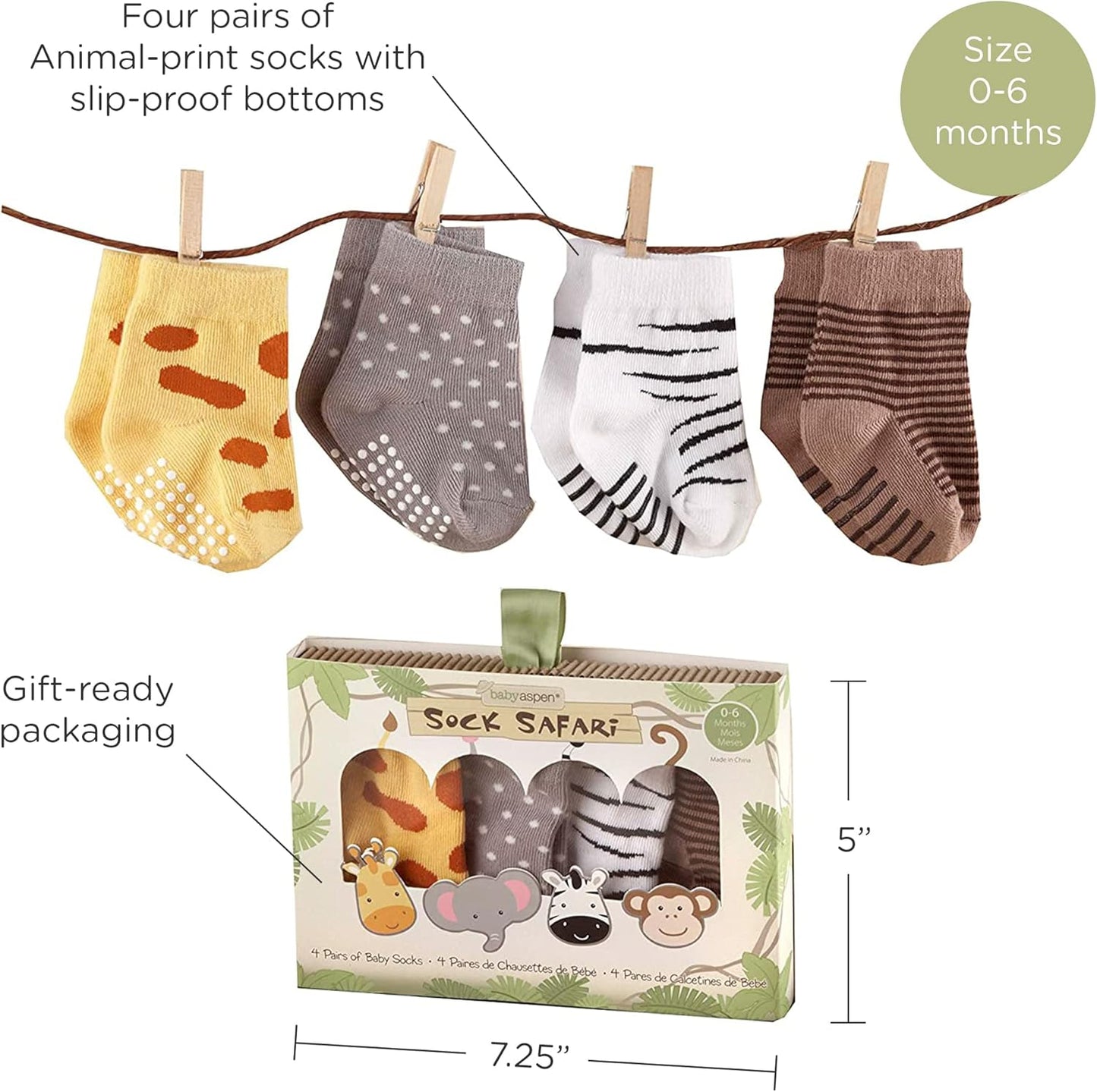 Baby Aspen, "Sock Safari" Four-Pair Animal-Themed Baby Socks Set, 0-6 Months