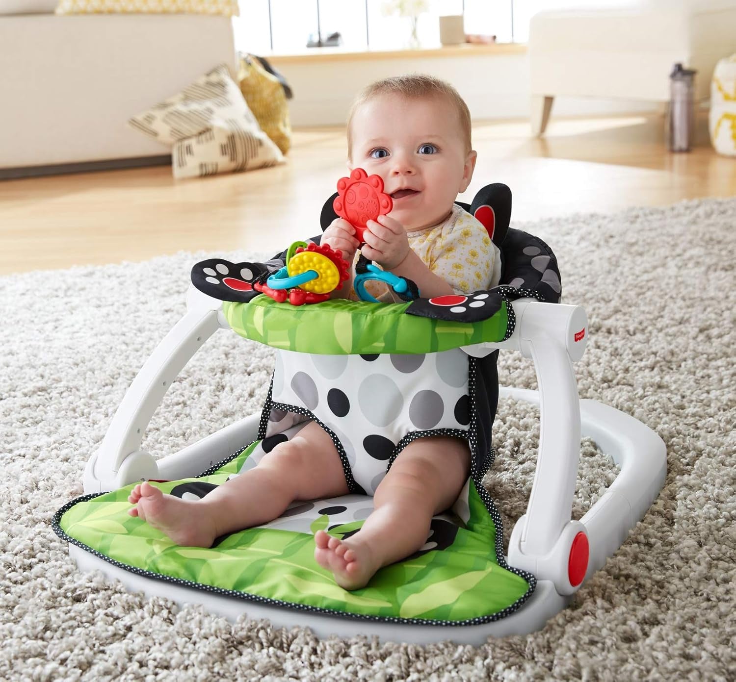 Fisher-Price Portable Baby Chair Sit-Me-Up Floor Seat with Developmental Toys and Crinkle & Squeaker Seat Pad, Panda Paws