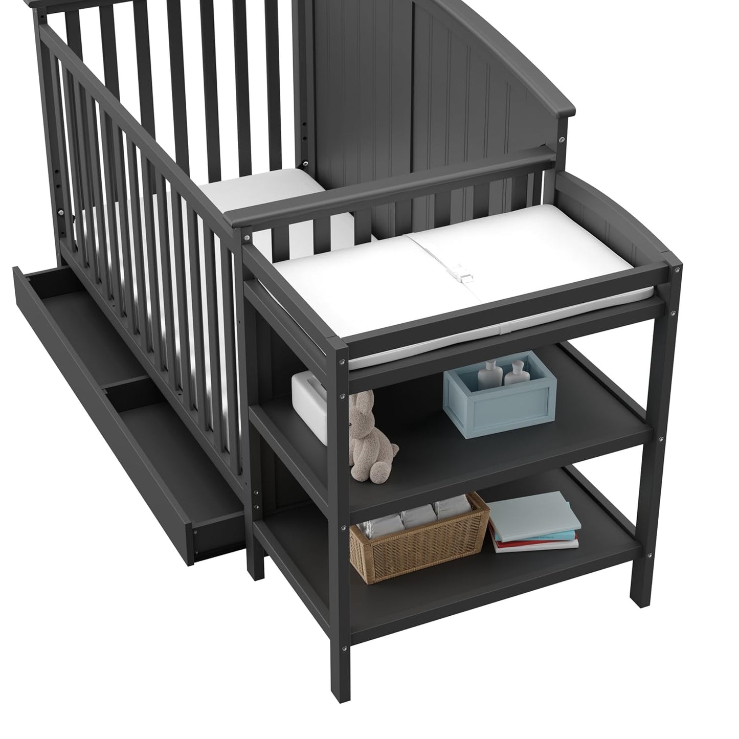 Storkcraft Steveston 5-In-1 Convertible Crib and Changer with Drawer (Gray) – GREENGUARD Gold Certified, Crib and Changing Table Combo with Drawer, Converts to Toddler Bed, Daybed and Full-Size Bed