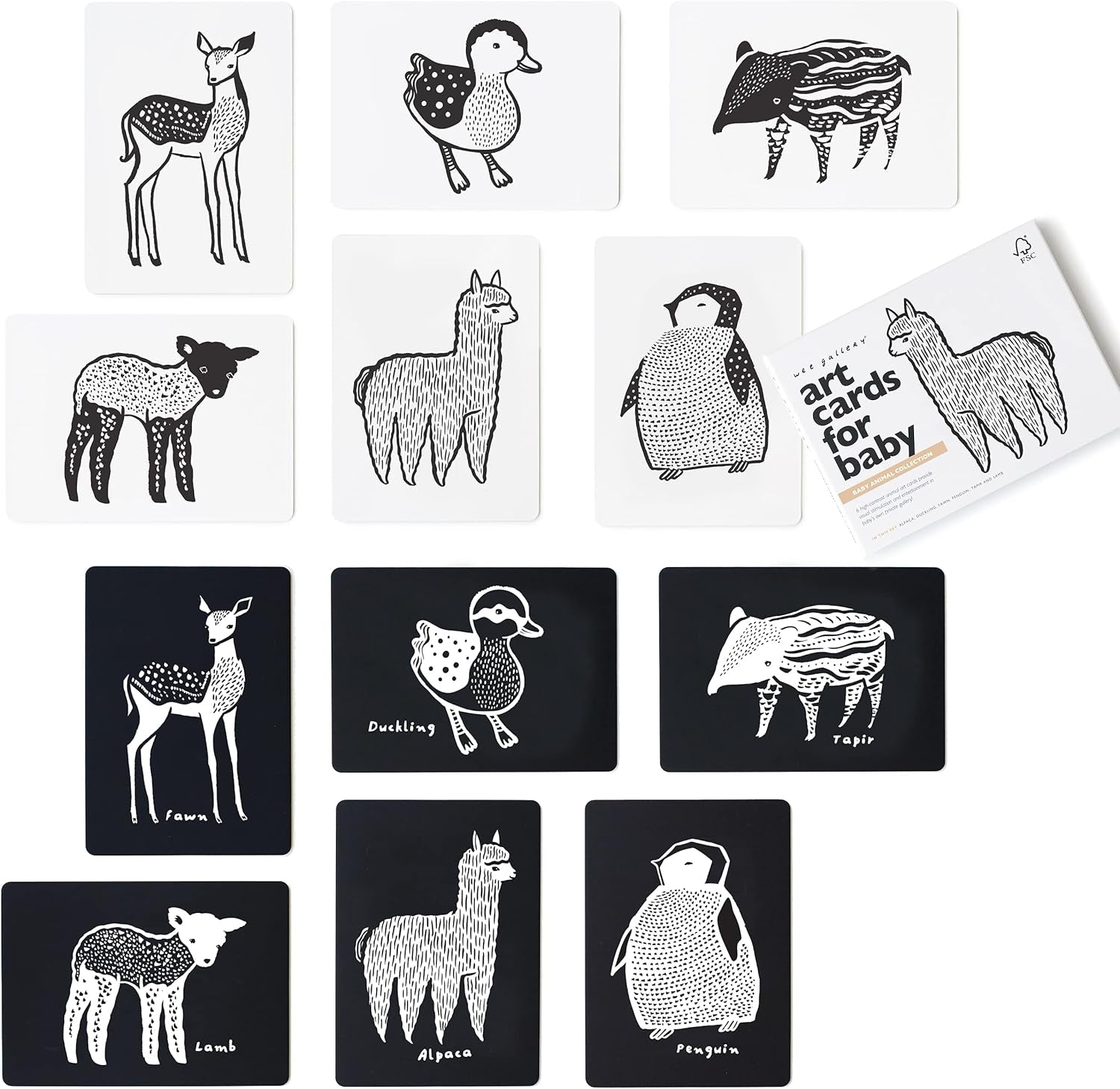 Wee Gallery Black and White Animal Art Cards for Babies, Durable High Contrast Vision Cards, Brain Development Educational Learning Tool for Newborn, Infant, Baby, Toddler - Safari Animals