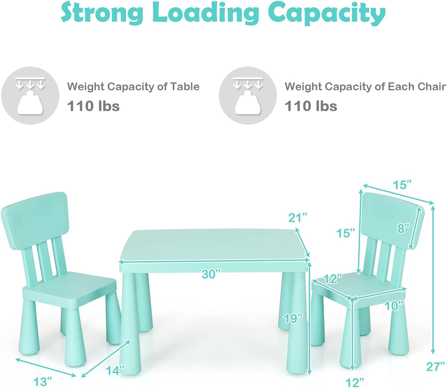 Costzon Kids Table and Chair Set, 3 Piece Plastic Children Activity Table for Reading, Drawing, Snack Time, Arts Crafts, Preschool, Kindergarten & Playroom, Easy Clean, Toddler Table & Chair (Green)