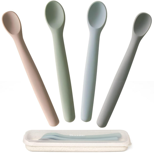 Moonkie Silicone Baby Spoons Set of 4, Two Sizes Feeding Spoon for First Stage 4+ Months, Baby Utensils with Case, Toddler Led Weaning Spoons, Bendable, Chewproof & Boil-Proof