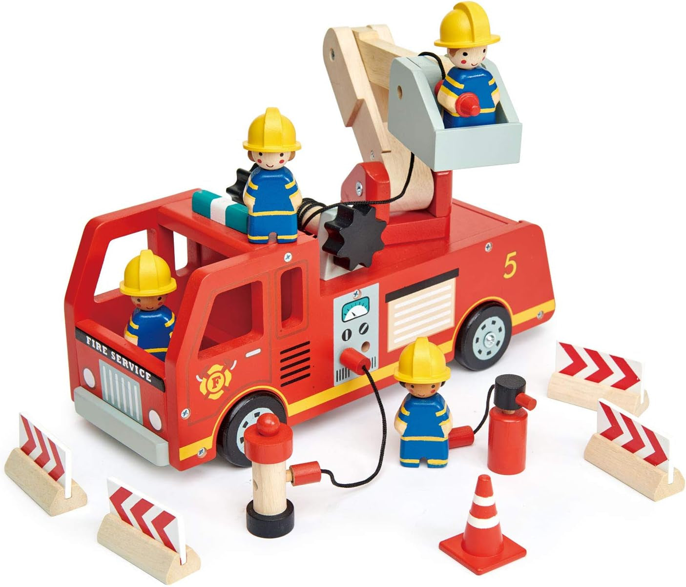 Tender Leaf Toys - Fire Engine - Wooden Fire Truck Toy with Firefighters and Accessories - Story Telling, Pretend Play and Imaginative Play for Age 3+