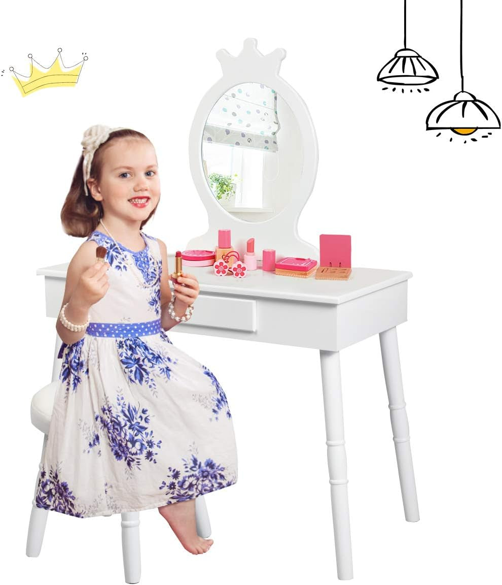 Costzon Kids Vanity Set, Wooden Princess Makeup Table with Cushioned Stool, Large Drawer, Solid Wooden Legs and Crown Mirror, Pretend Beauty Make up Dressing Play Set for Girls Best Gift (White)