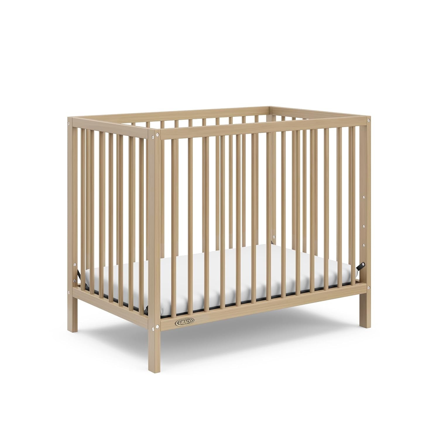 Graco Teddi 4-In-1 Convertible Mini Crib with Bonus Water-Resistant Mattress (Natural with White) – GREENGUARD Gold Certified, 2.75-Inch Mattress Included, Convenient Size, Easy 30-Minute Assembly