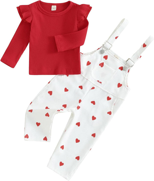 KMBANGI Toddler Girls Valentine'S Day Outfits Ruffle Heart Print Long Sleeve Tops Suspender Pants Overalls 2Pcs Clothes Set