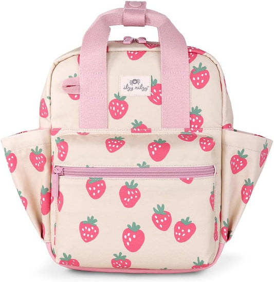 Itzy Ritzy Toddler Backpack - Daycare Bag - Features Adjustable Shoulder Straps, 2 Side Pockets & Spacious Interior with Wipeable Fabric Lining & Name Label, Strawberry Backpack