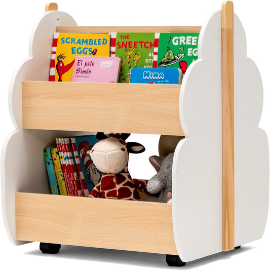 Costzon Kids Bookshelf with Universal Wheels, 2-Tier Toddler Bookshelf, Wooden Book Rack, Childrens Bookcase Montessori Shelf, Infant Book Shelf, Toy Organization for Kids Room, Playroom, Nursery