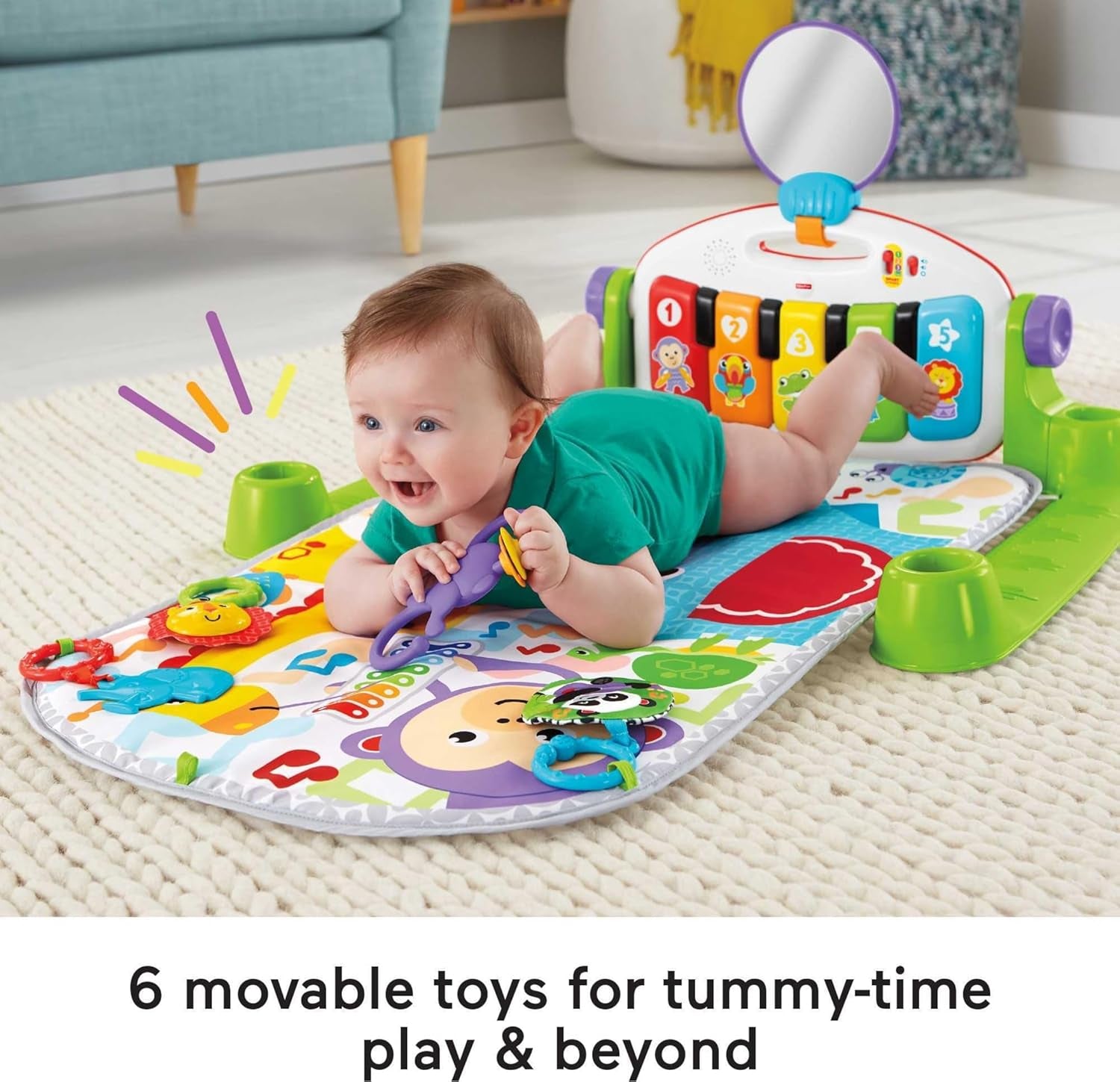 Fisher-Price Baby Playmat Deluxe Kick & Play Piano Gym, Green Musical Learning Toy with Developmental Activities for Newborns 0+ Months