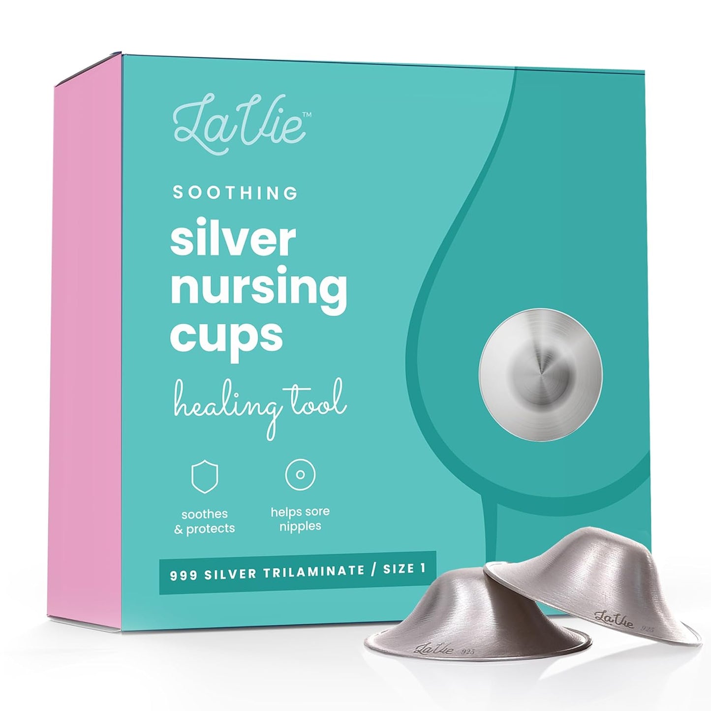 Lavie Silver Nursing Cups, Soothing Protection for Nursing Nipples of Newborns, Calming Relief for Breastfeeding Moms, 925 Silver Nipple Covers All Natural (Size 1)