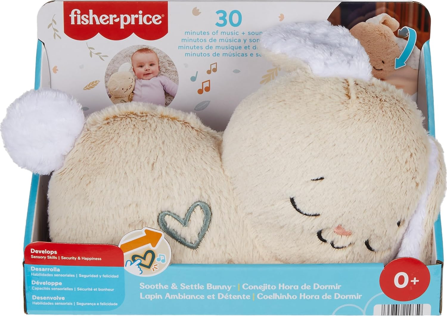 Fisher-Price Baby Sound Machine Soothe & Settle Bunny Portable Plush Toy with Music, Lights & Motion for Newborns