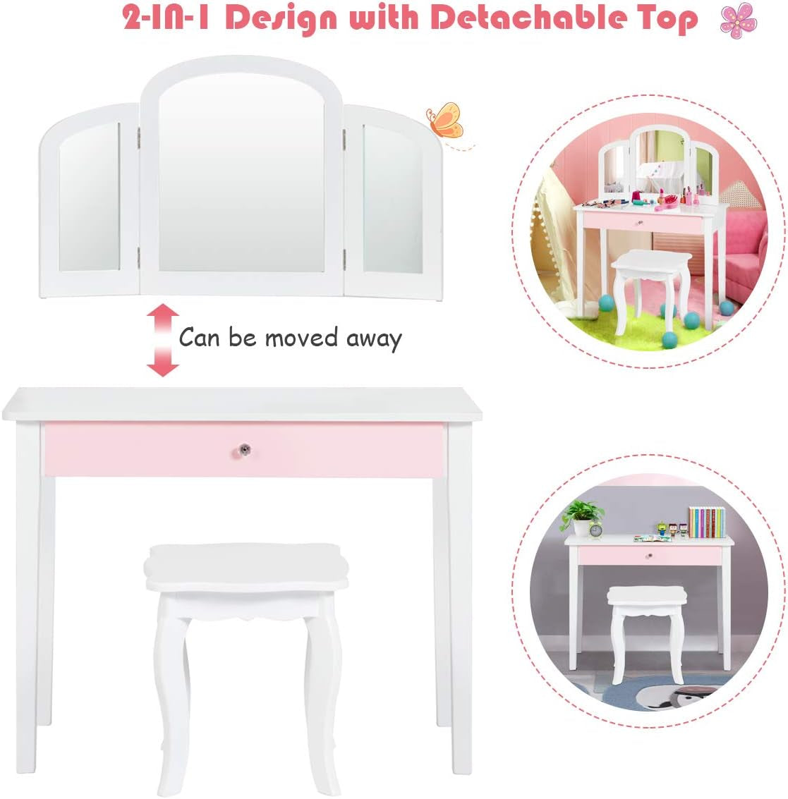 Costzon Kids Vanity Table, Princess Makeup Dressing Table with Drawer & Tri-Folding Mirror, 2-In-1 Vanity Set with Detachable Top, Pretend Beauty Play Vanity Set for Girls (Pink)