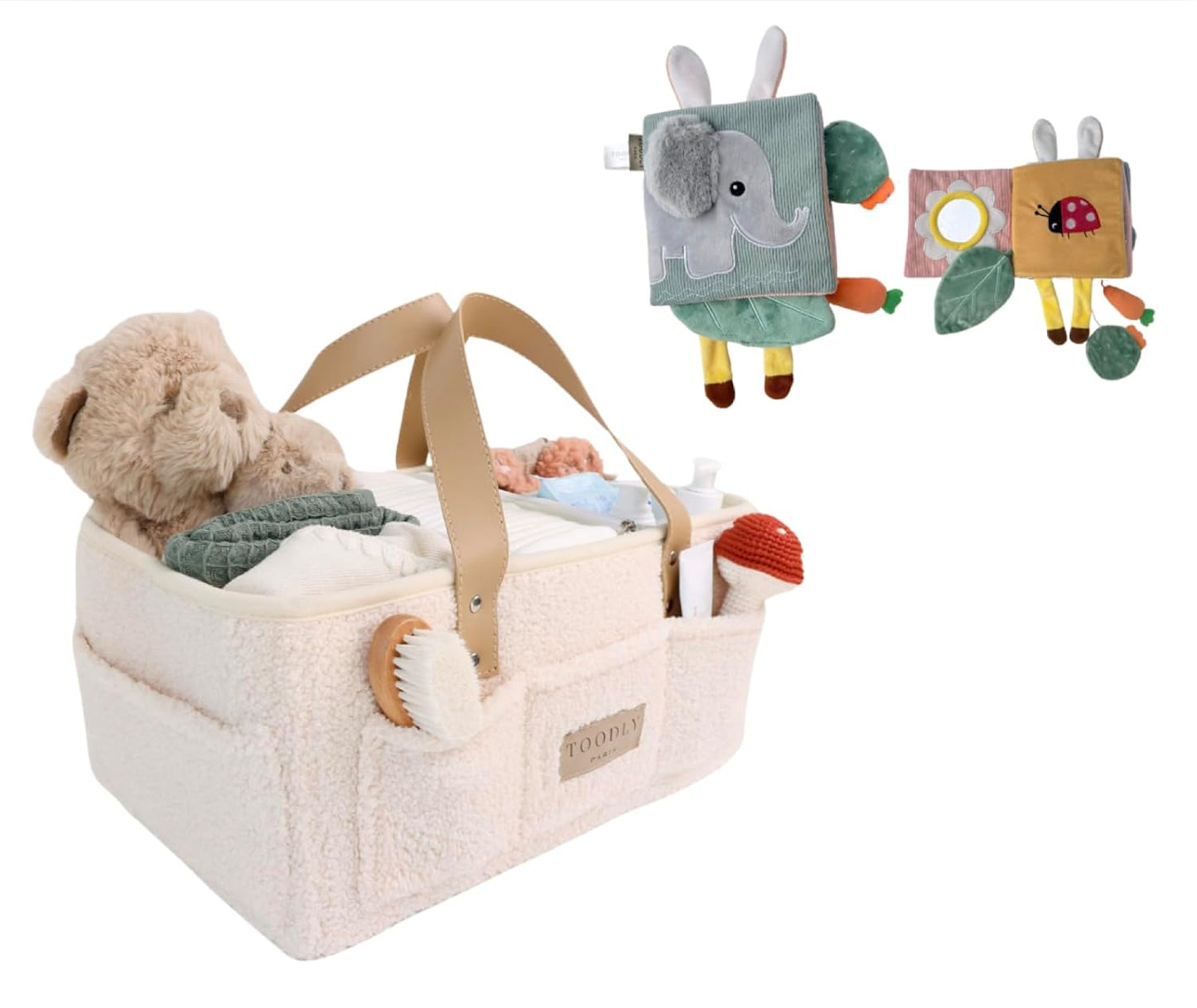 Plush Sherpa Diaper Caddy Organizer & Baby Soft Book Bundle