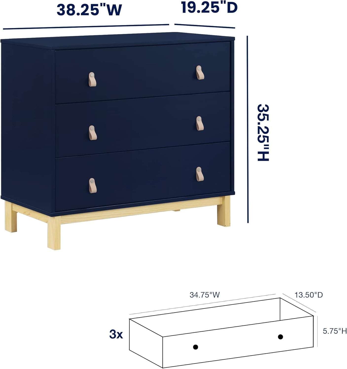 GAP Babygap Legacy 3 Drawer Dresser with Leather Pulls, Navy/Natural