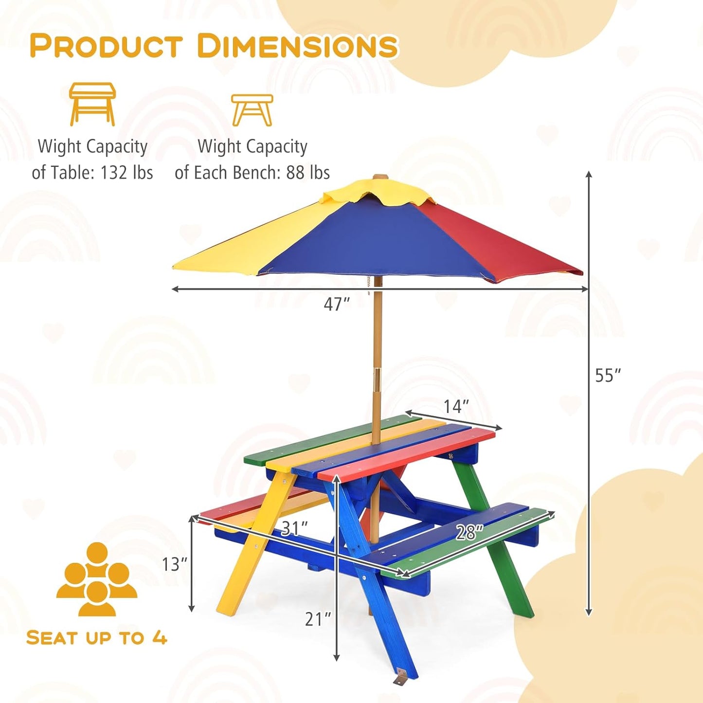 Costzon Kids Picnic Table, Wooden Childrens Table & Bench Set with Removable Umbrella, Kids Patio Furniture for Backyard, Garden, Kids Table and Chair Set for Outdoors