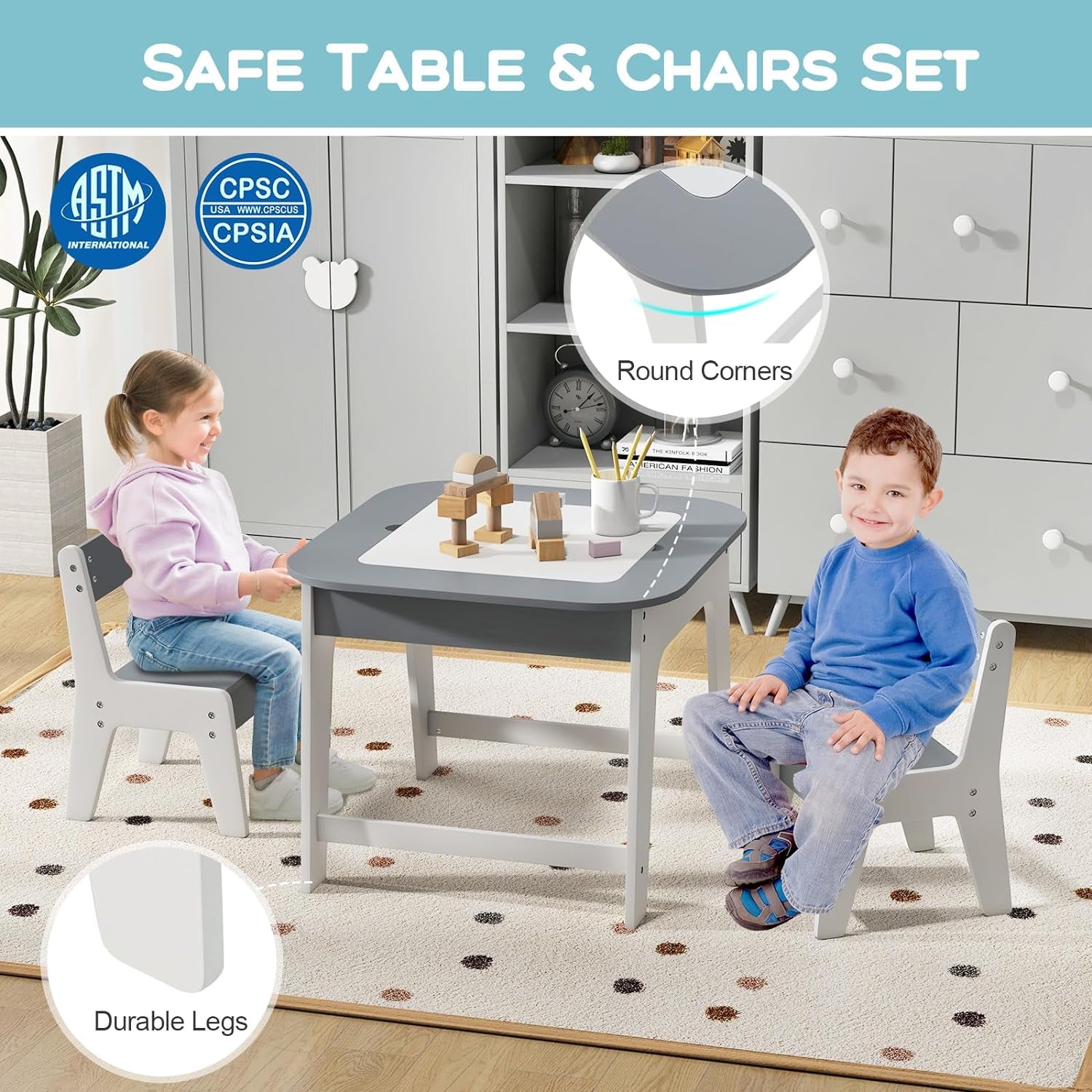 Costzon Kids Table and Chair Set, 3-In-1 Wooden Activity Table with Removable Tabletop, Blackboard & Whiteboard, Storage Space, Toddler Furniture for Arts, Crafts, Nursery, Preschool (Gray)