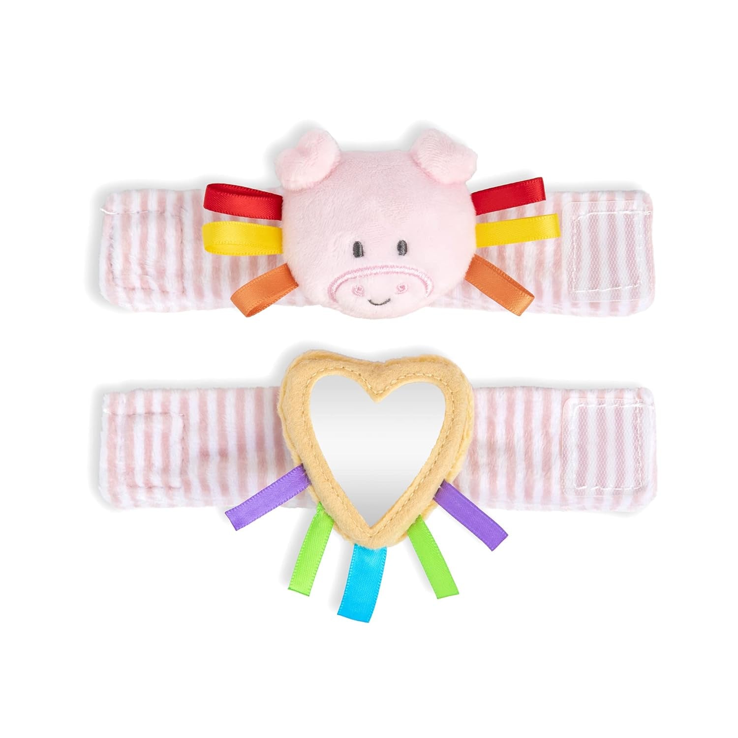 DEMDACO Pig Pink and Yellow 3-6 Months Baby Wrist Rattle and Mirror Activity Set