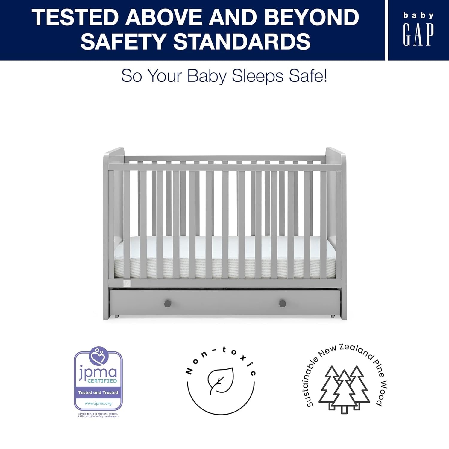 GAP Babygap Graham 4-In-1 Convertible Crib with Storage Drawer - Greenguard Gold Certified, Grey/Dark Grey