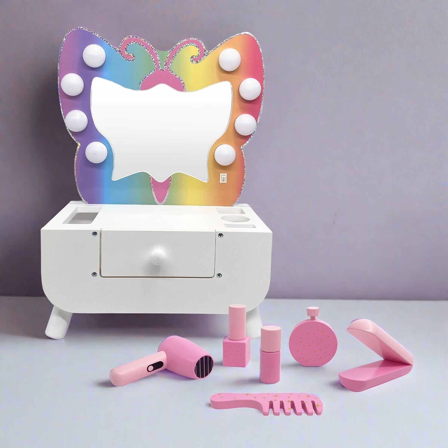 Teamson Kids Colorful Butterfly-Shaped Tabletop Vanity with Led-Illuminated Mirror and 6-Pc. Accessory Set